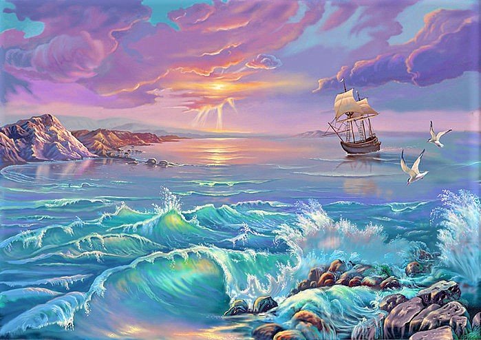 розовый закат - море, корабль - оригинал