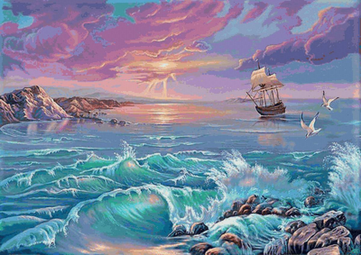 розовый закат - корабль, море - предпросмотр