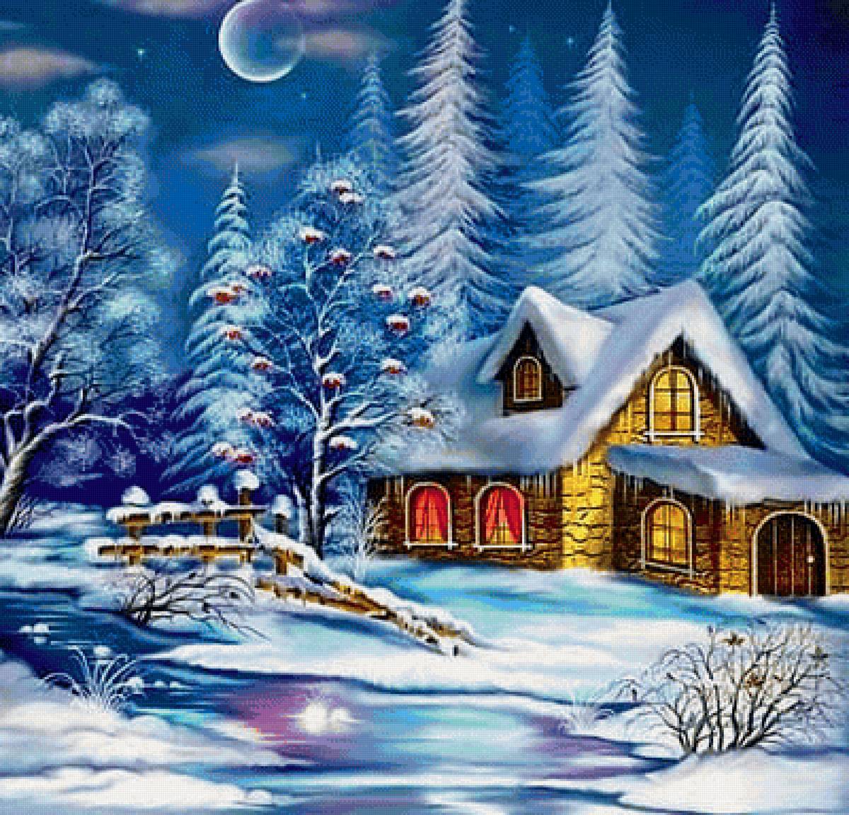 морозная ночь - пейзаж, зима, снег, природа - предпросмотр