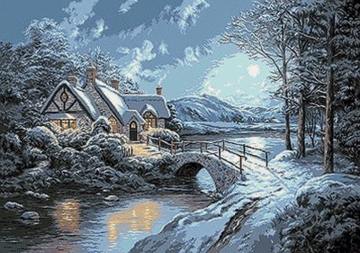 Зимний пейзаж - зима, домик, мост - предпросмотр