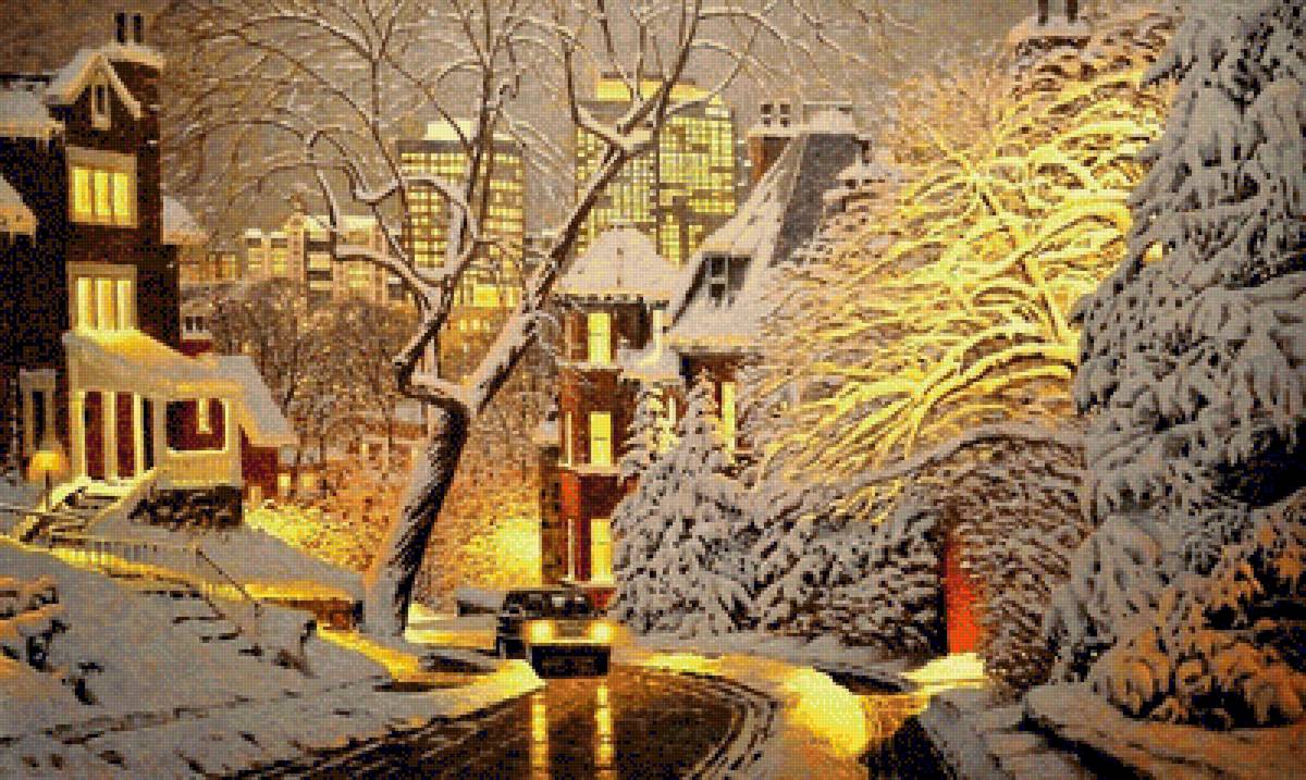 зимний пейзаж - дом, фонарь, машина, зима - предпросмотр