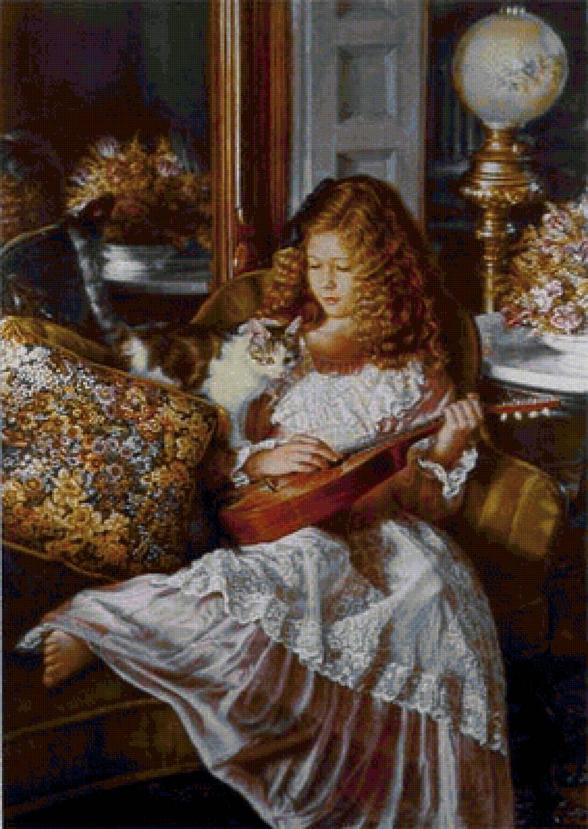 Sandra Kuck Девочка с вакулеле и котенком - sandra, девочка, котенок, kuck, вакулеле - предпросмотр