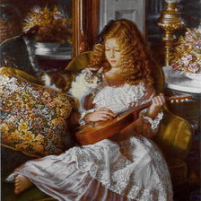 Схема вышивки «Sandra Kuck Девочка с вакулеле и котенком»