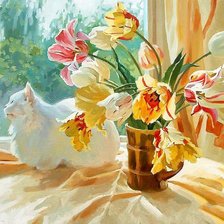 Схема вышивки «Кот и тюльпаны»