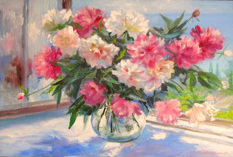 летний букет - цветы, лето, окно - оригинал