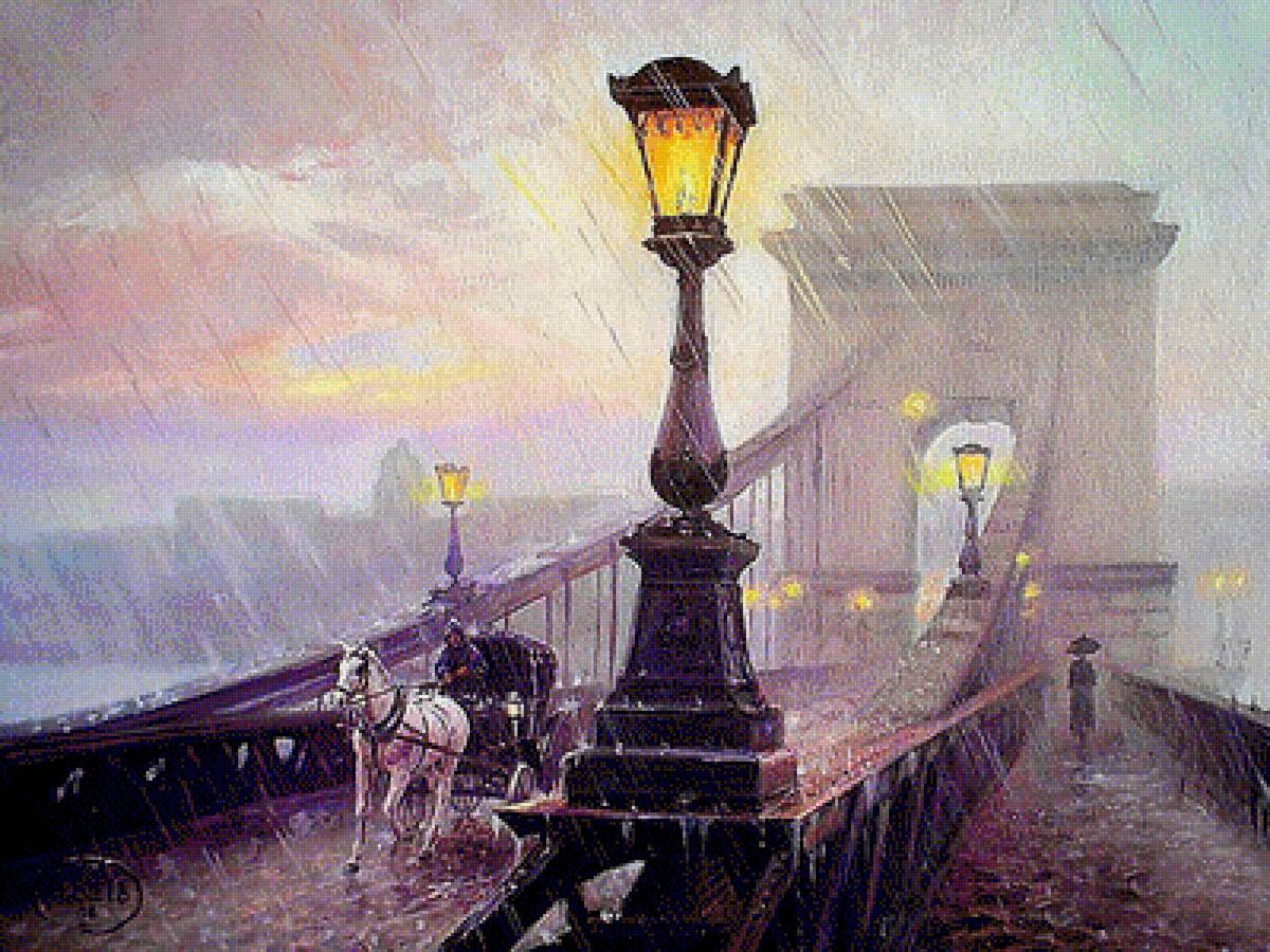 По картине худ. Мирослава Шейб. Дождь. - мост, пейзаж, возница, живопись., дождь, река - предпросмотр