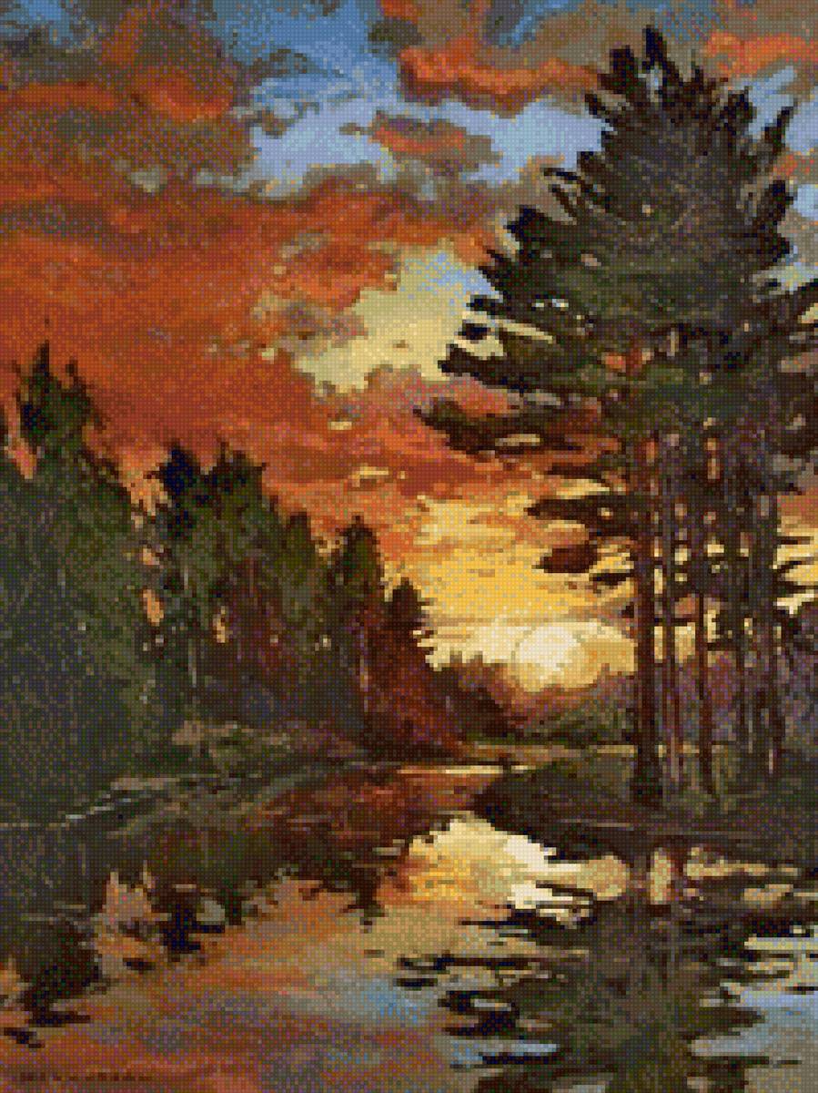 вечернее солнце (мини) - закат, вечер, сосны, вода, солнце - предпросмотр