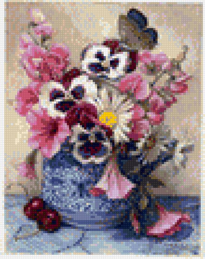 букет с фиалками - цветы, фиалки в кувшине, букет, бабочка - предпросмотр