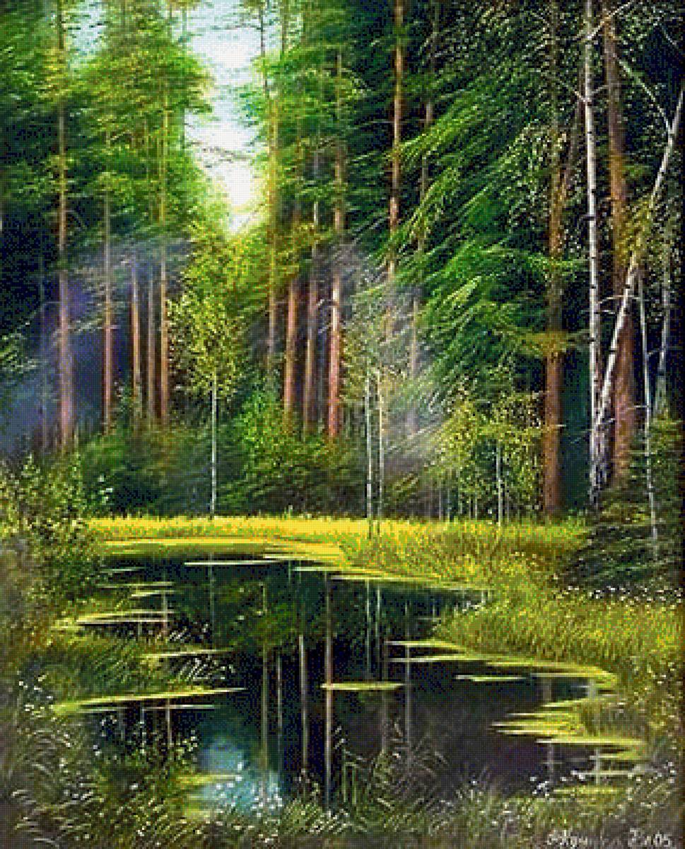 озеро в лесу - пейзаж, лес, природа, живопись - предпросмотр