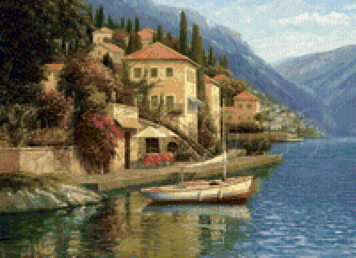 Городской пейзаж - лодка, вода, горы - предпросмотр