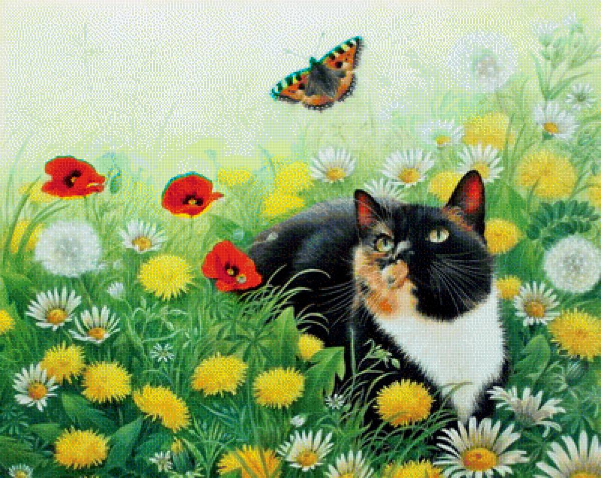 на лугу - цветы, котики, бабочки - предпросмотр