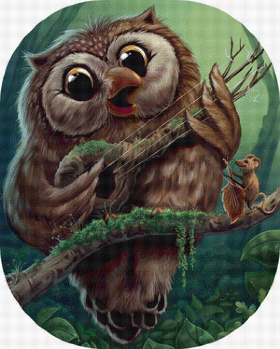 веселая парочка - природа, музыканты, совы, филины - предпросмотр