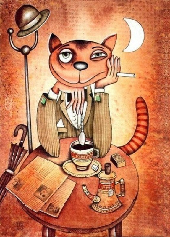 "Старый холостяк" - в кафе, кот, фентази - оригинал