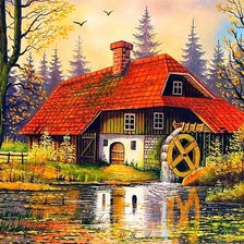 Схема вышивки «мельница осенью»