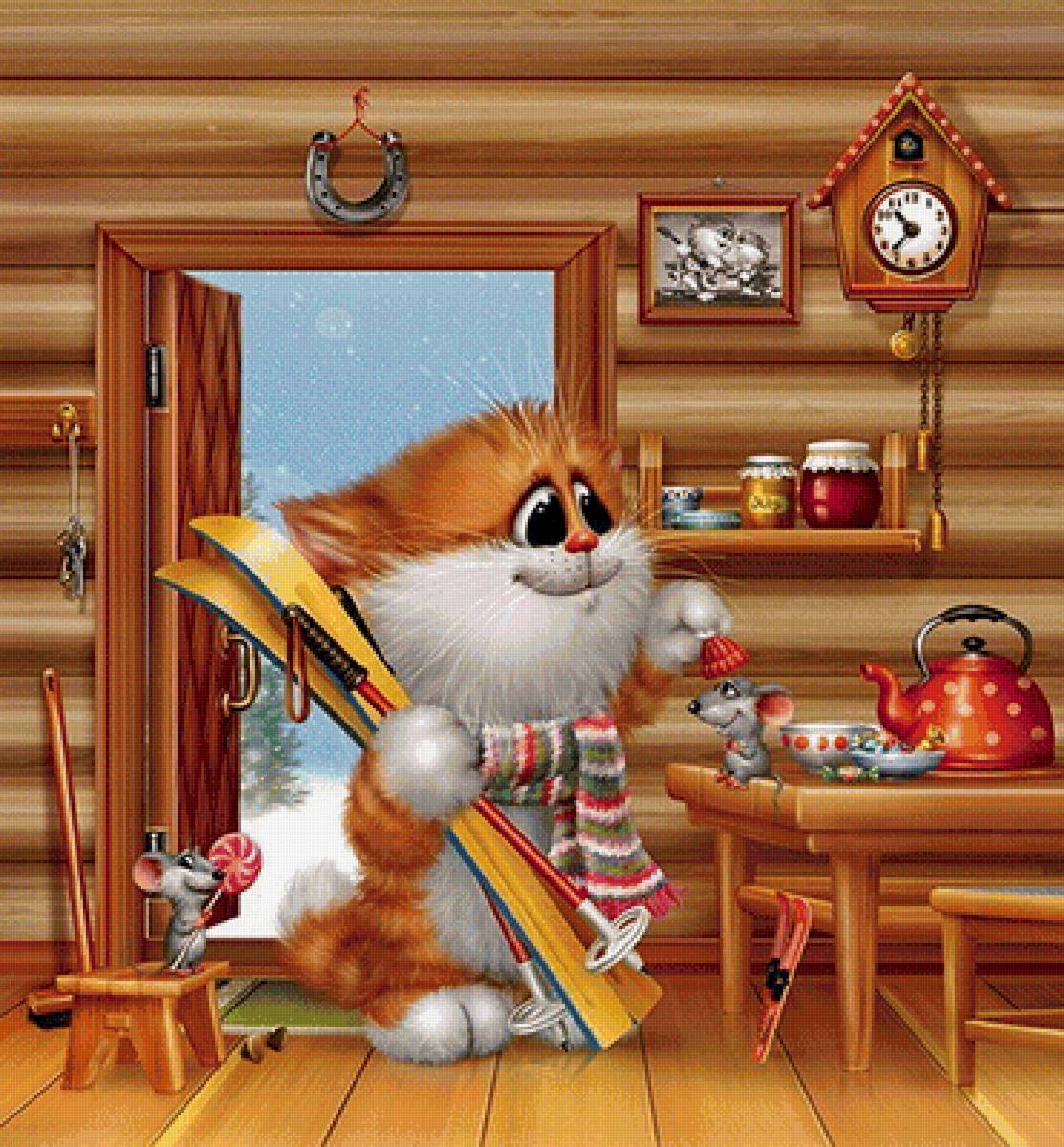 Серия "Котомышки" - посиделки, уют, дом, кот, зима, мышки - предпросмотр