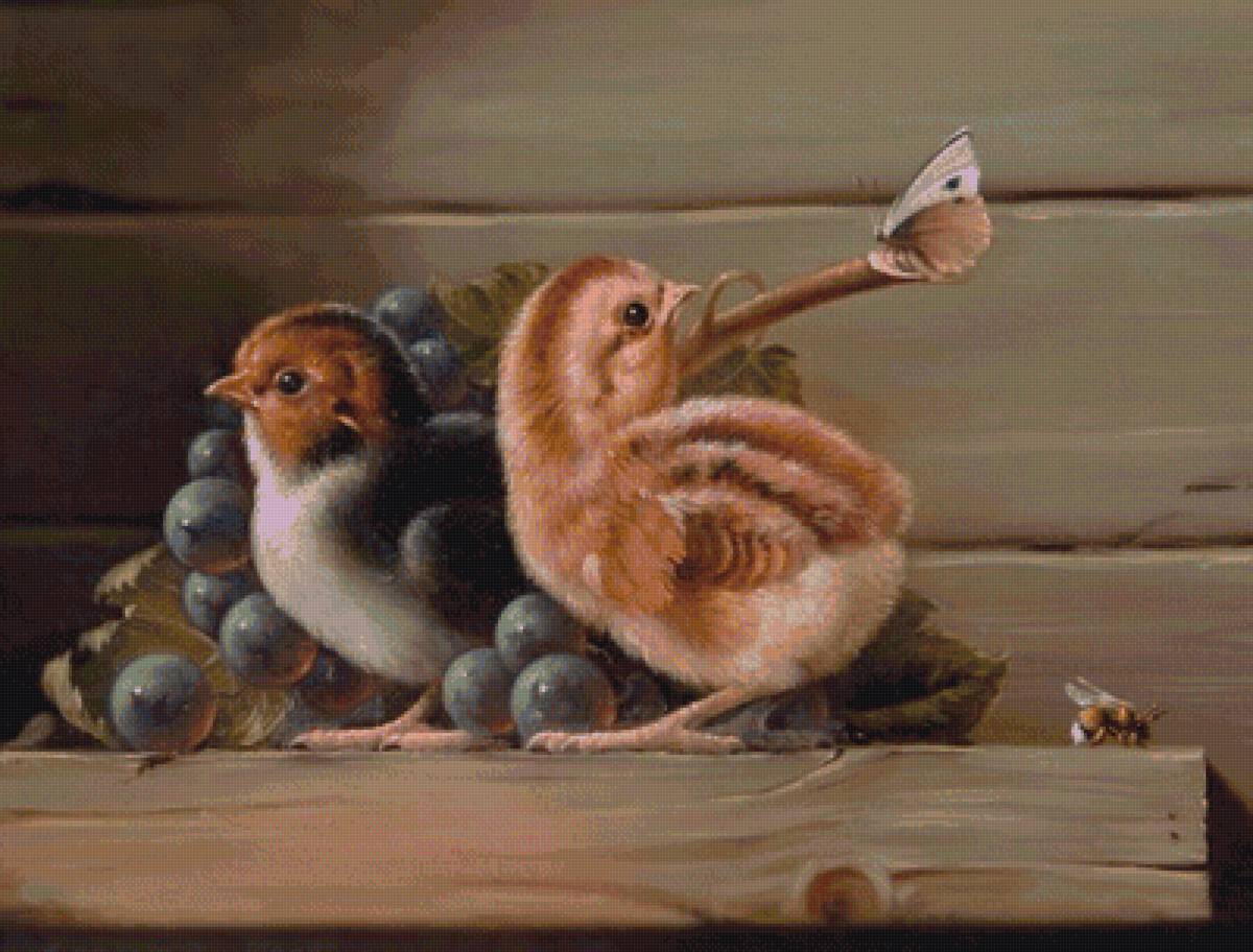 Цыплята и виноград - цыплята, бабочка, виноград, пчела - предпросмотр