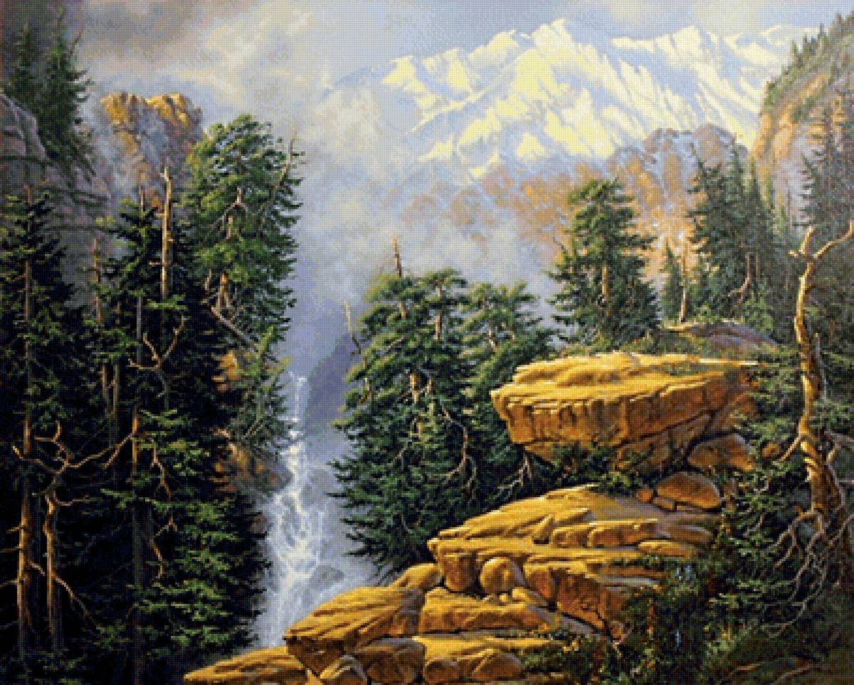 горный пейзаж - река, лето, пейзаж, водопад, лес, горы - предпросмотр