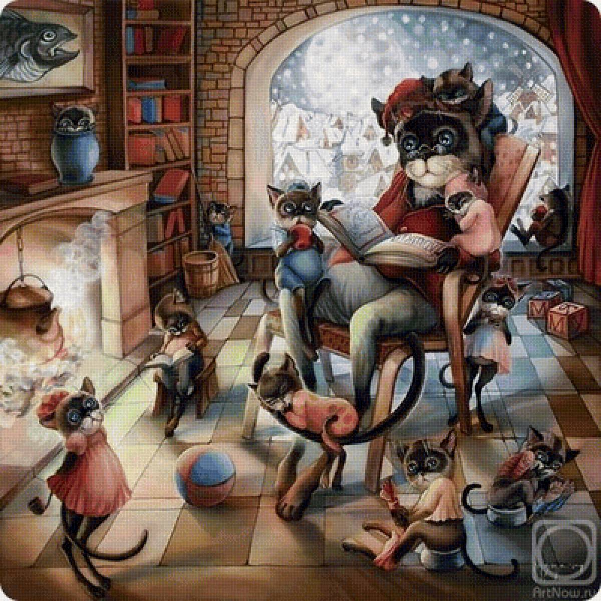 Арт - фэнтези, кошка, семья, арт, кот - предпросмотр