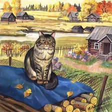 Схема вышивки «котик в деревне»