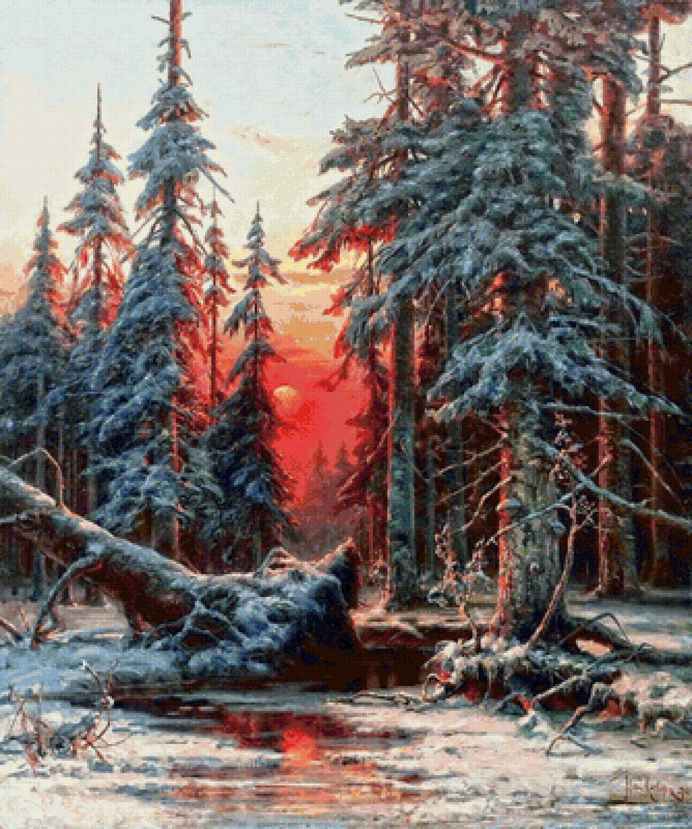 Зимний закат - зима, пейзаж - предпросмотр