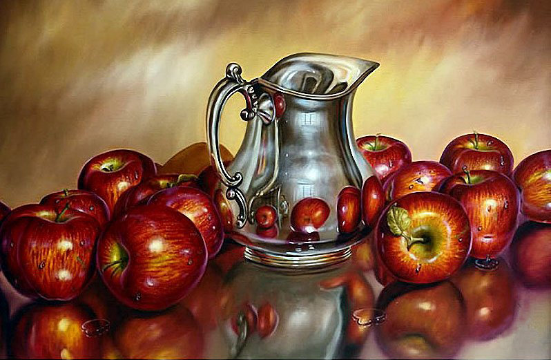 Кувшин и яблоки - натюрморт, фрукты, яблоки, кувшин - оригинал