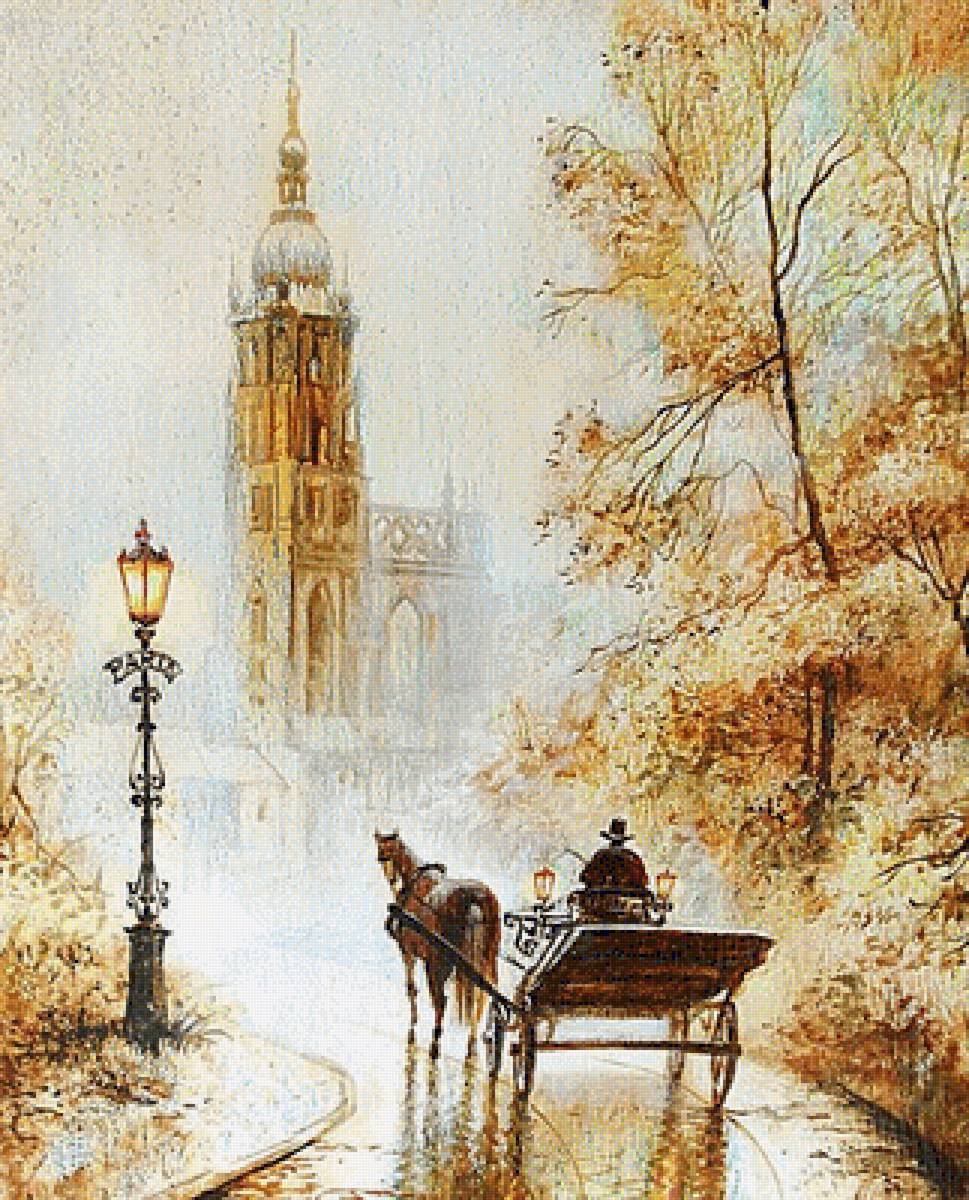 Старый город. - живопись., город, экипаж - предпросмотр