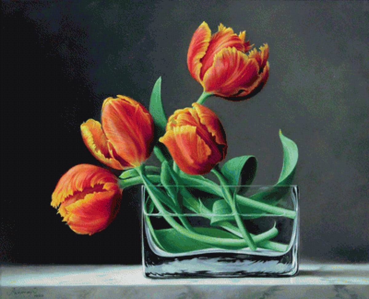 Художник Питер Вагеманс. Тюльпаны в квадратной вазе - предпросмотр