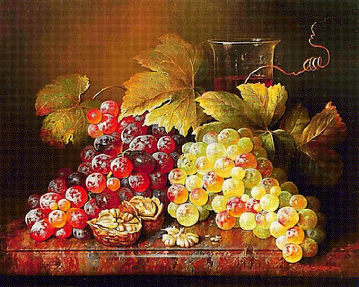 Художник Святослав Сметанин. Натюрморт с виноградом и орехами - виноград, живопись., натюрморт, орехи - предпросмотр