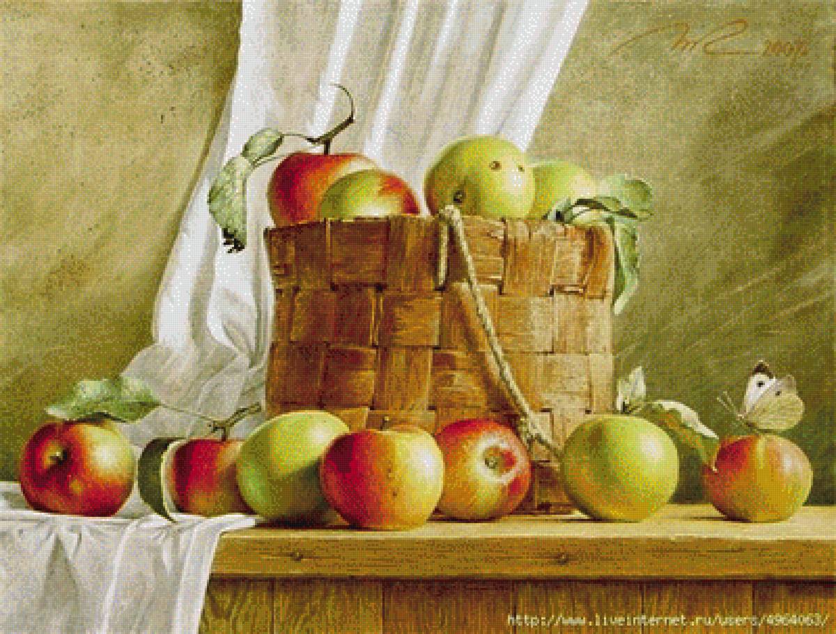 Яблоки у избы - дерево, корзинка, изба, яблоки - предпросмотр