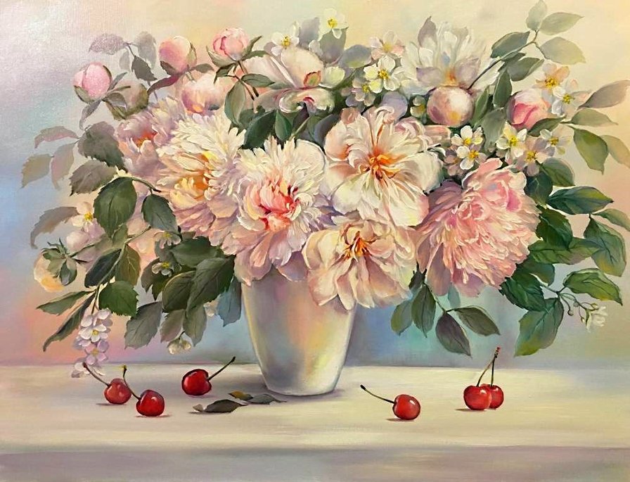 нежные цветы - пион, розовые цветы, пионы, ягоды, букет - оригинал