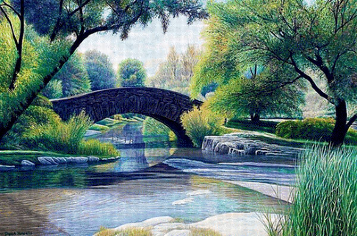 художник дэвид Хоуэлл. Пейзаж. - парк. река. мост. пейзаж, живопись. - предпросмотр