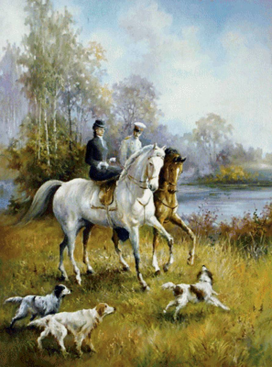 Прогулка верхом - лошади, собаки, прогулка, пара - предпросмотр