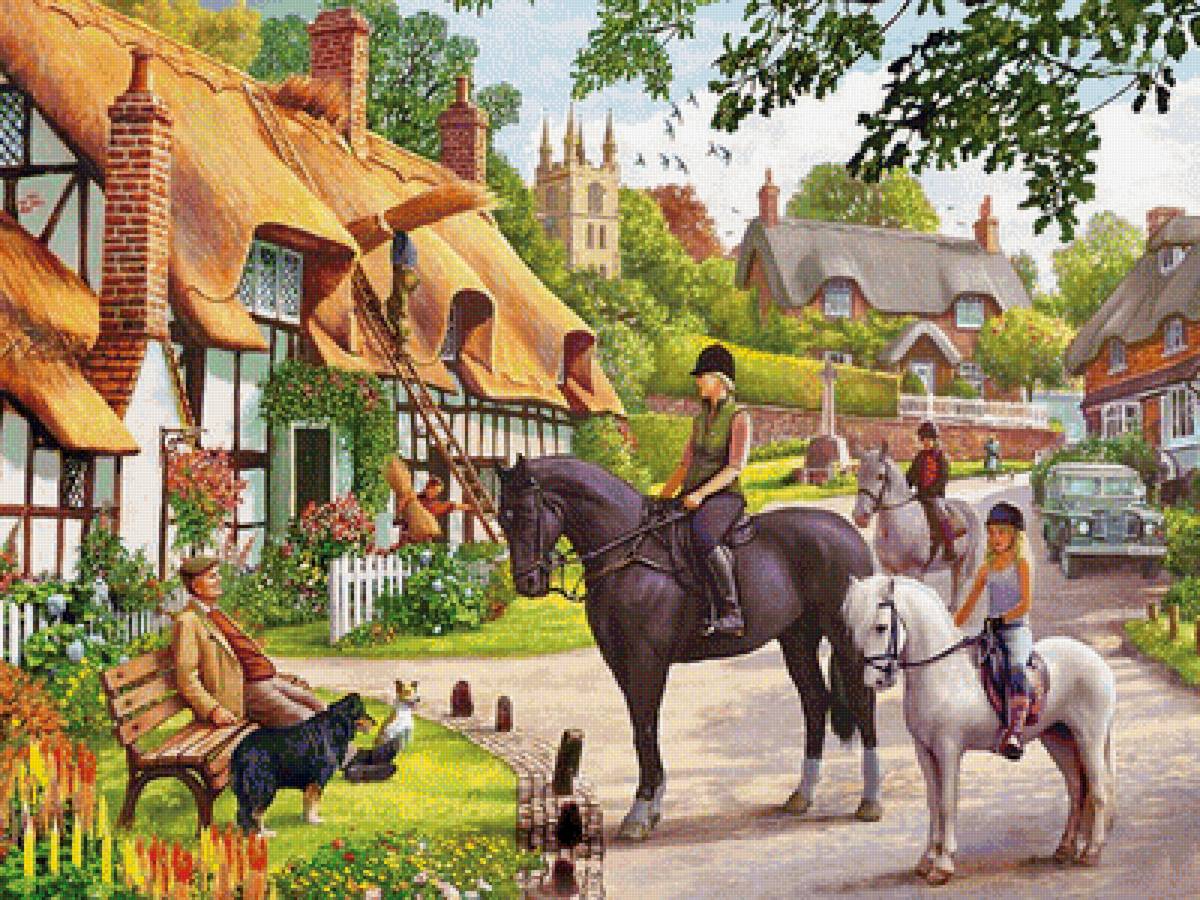 Английская деревня - домики, лошади - предпросмотр