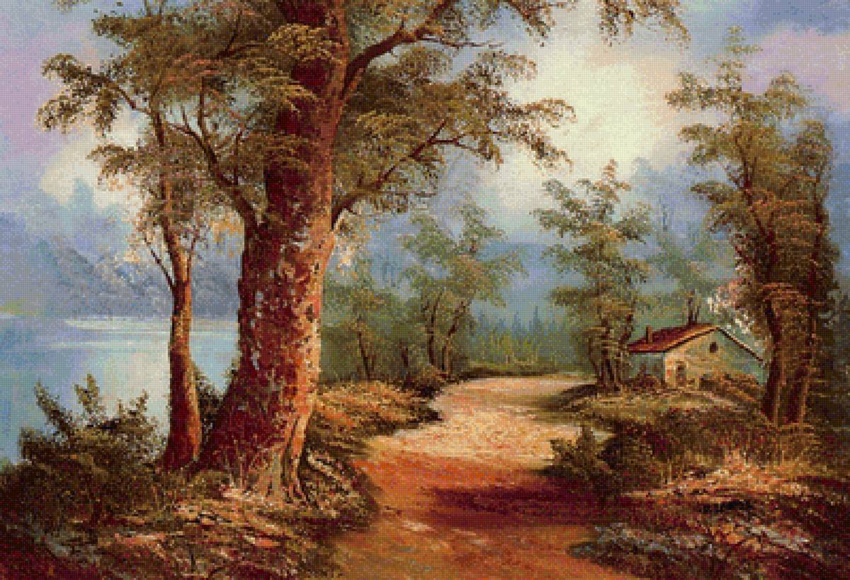 Старинный летний пейзаж - лес, домик, река, пейзаж, тропа - предпросмотр