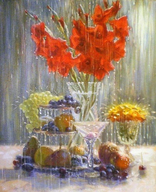 Натюрморт с дождём - фрукты, ягоды, натюрморт, цветы - оригинал