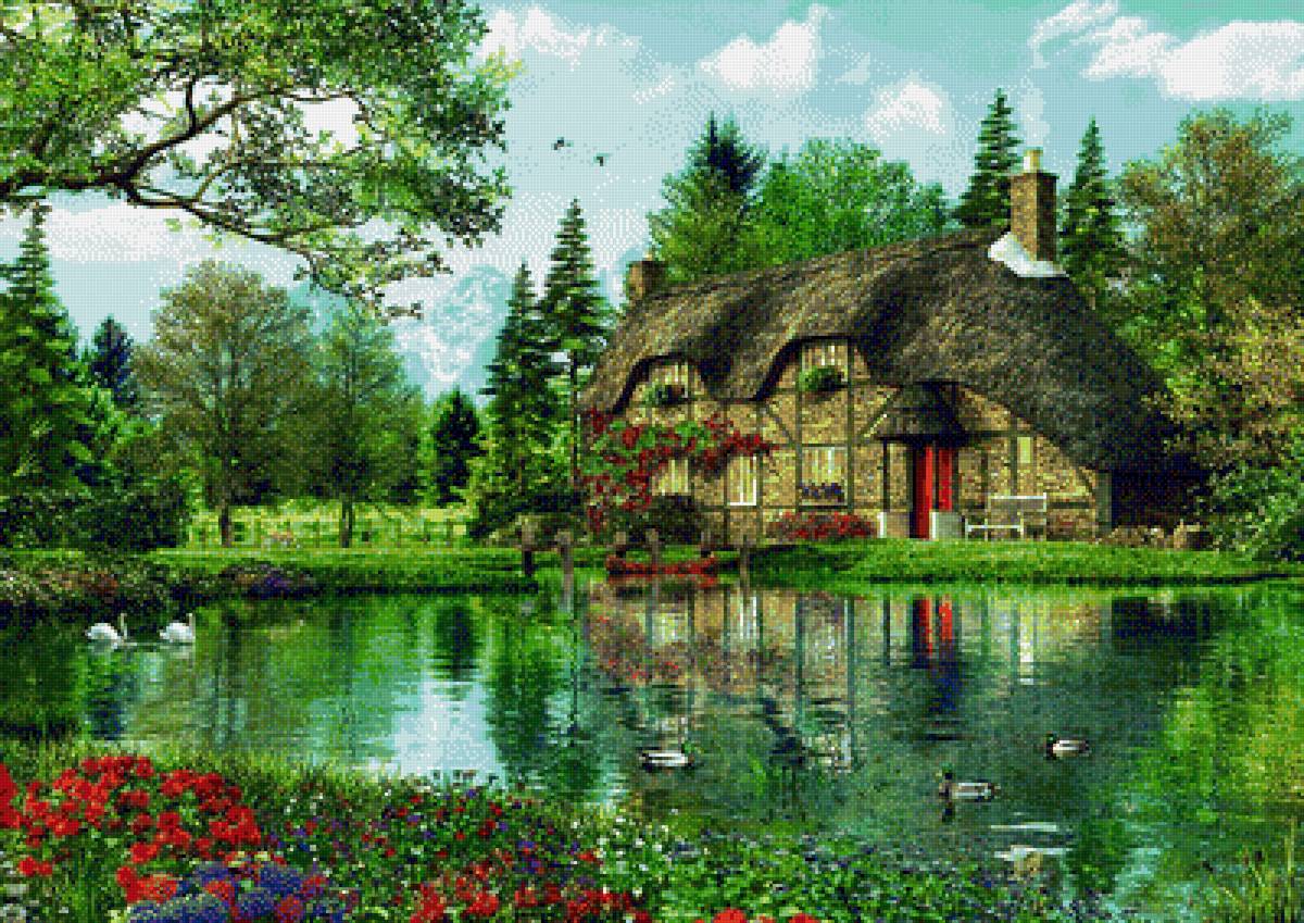 Коттедж на пруду - дом, пейзаж, пруд - предпросмотр