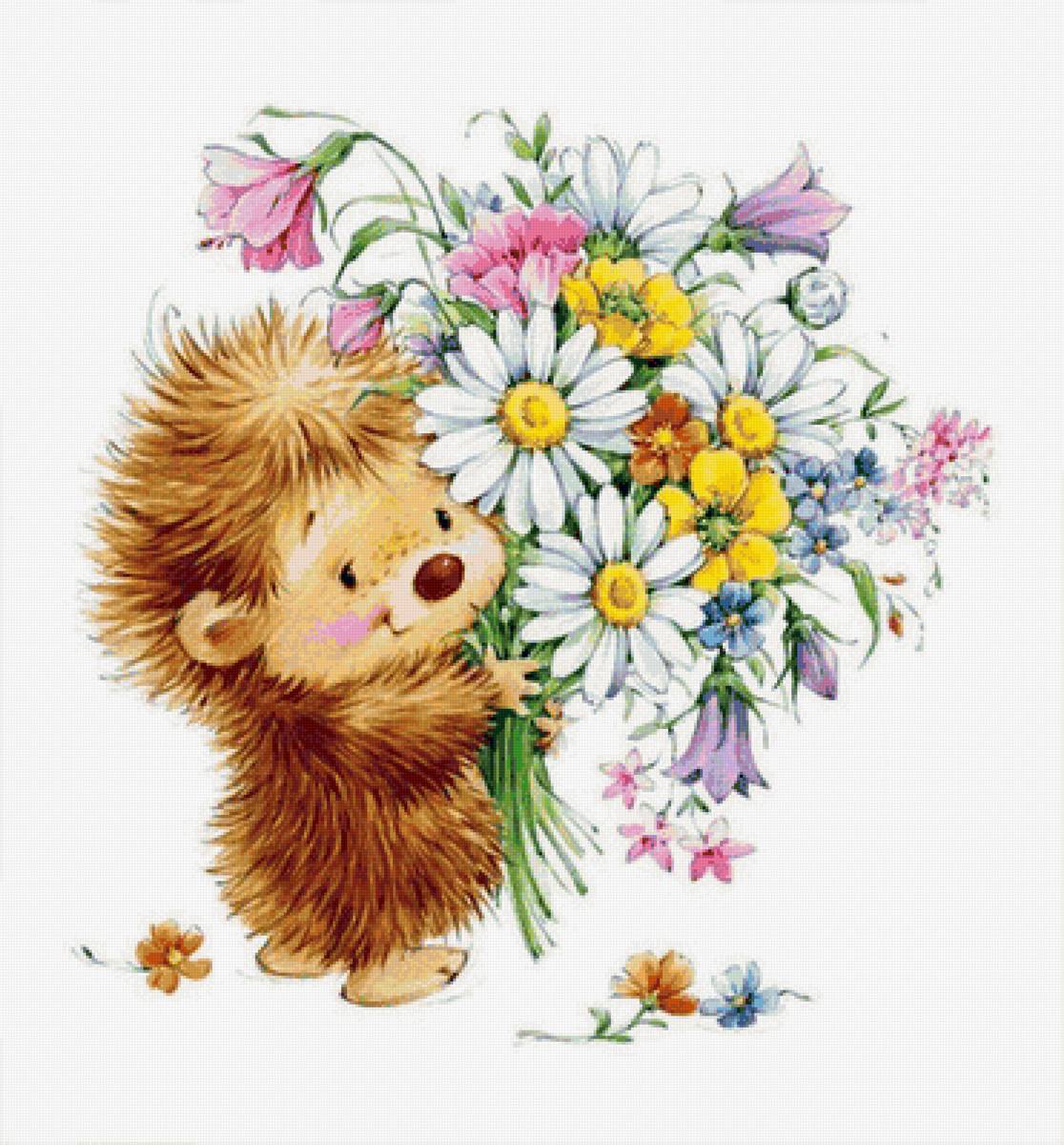 Ёжик - ежик, букет, цветы - предпросмотр