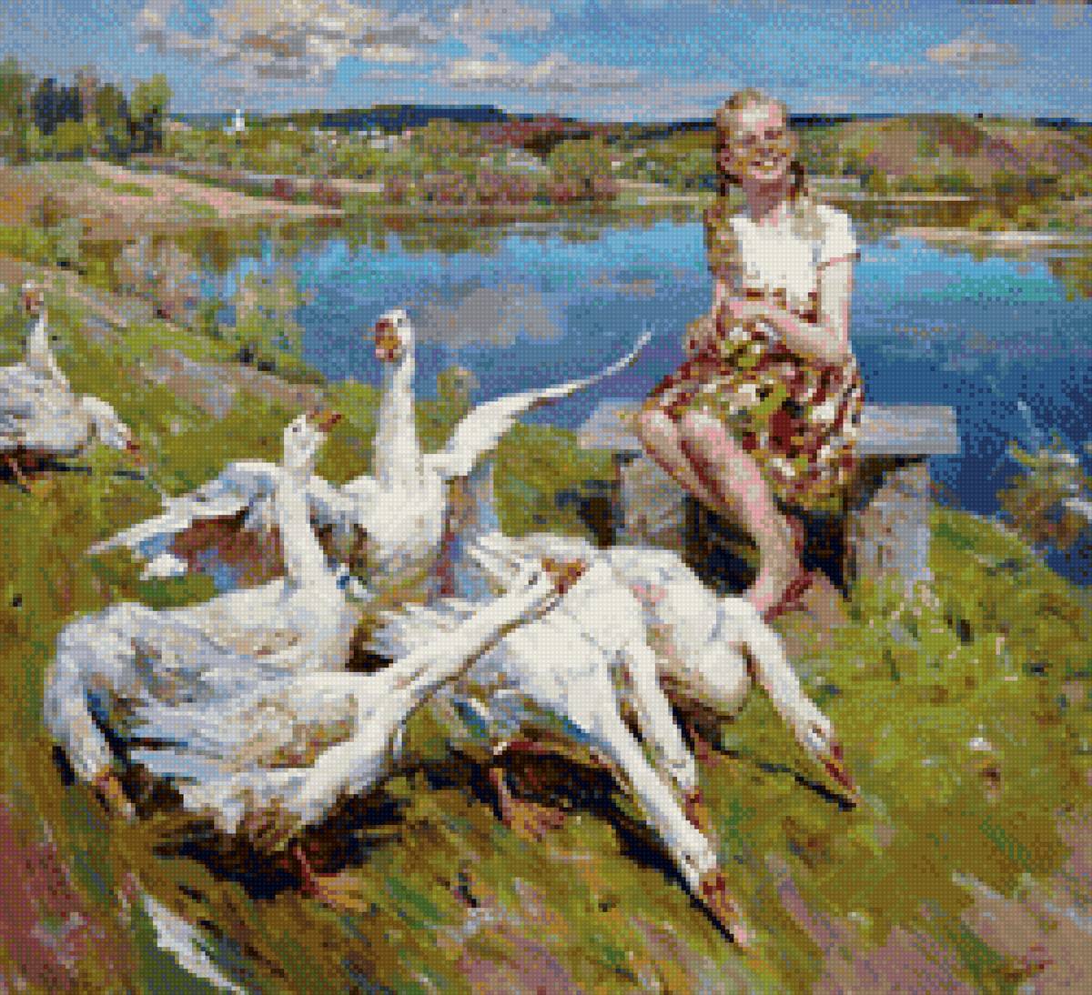 Девочка пасет гусей - девочка, гуси, птицы - предпросмотр