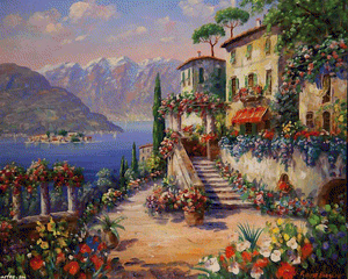 Цветущая гавань - морской пейзаж, домик, городской пейзаж, море - предпросмотр