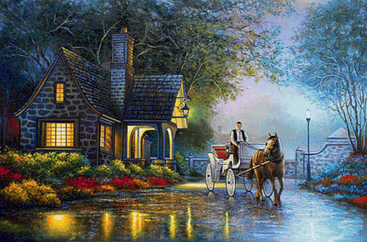 Карета подана... - вечер, дом, фонари, цветы, карета - предпросмотр