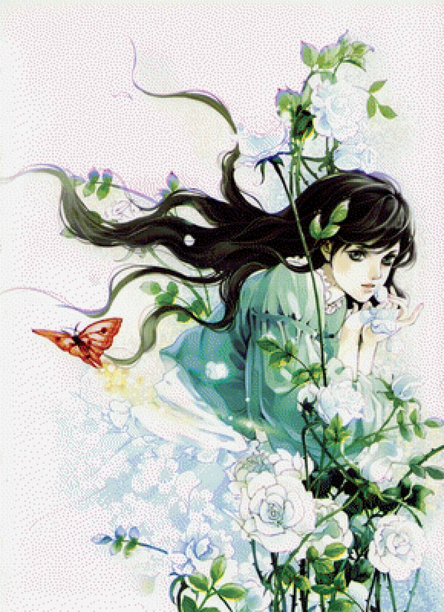 Девушка в цветах - аниме, арт, цветы, девушка - предпросмотр