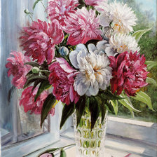 Схема вышивки «пионы на окне»