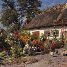 Дом в саду с курицами