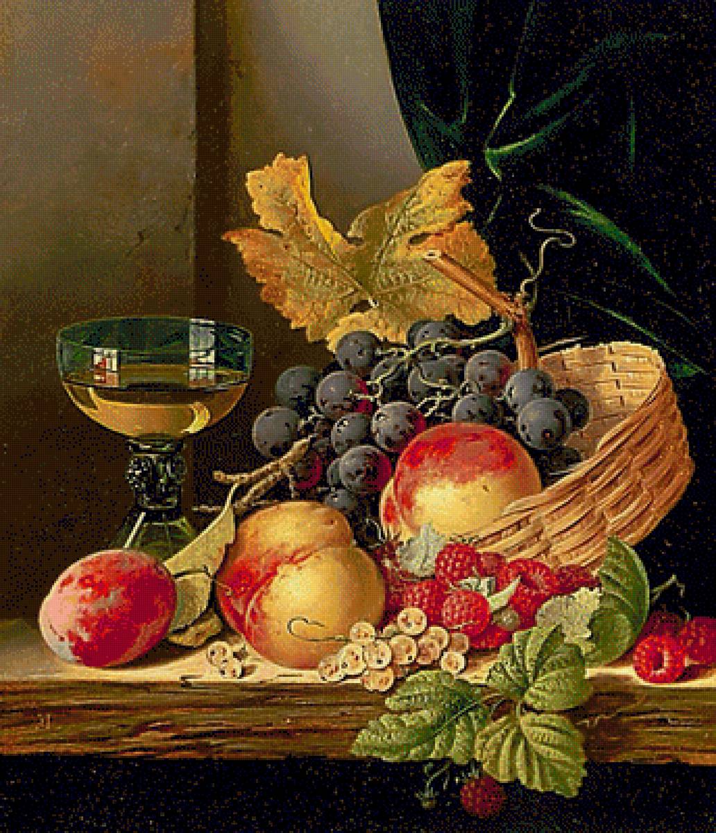 Натюрморт с корзиной фруктов и вином. - малина, натюрморт., виноград, персики, фрукты, вино, корзина - предпросмотр