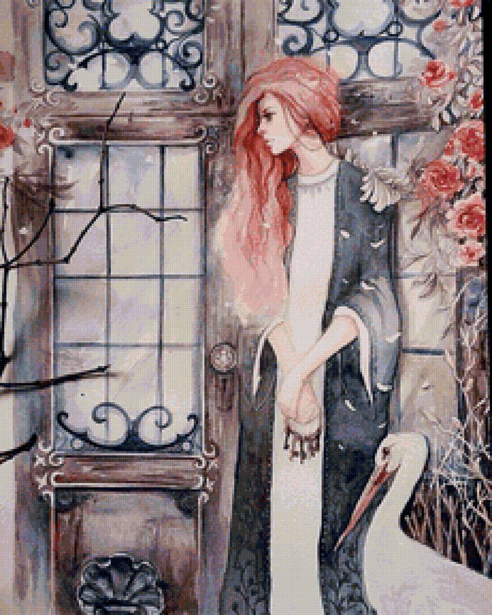 Девушка у окна - окно, девушка, птица - предпросмотр