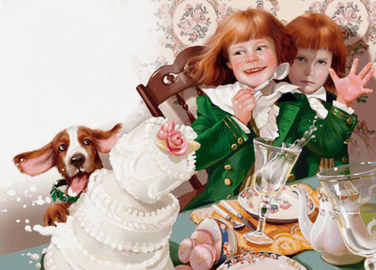 День рождения - мальчики, щенок, торт, день рождения, двойняшки, озорник. - предпросмотр