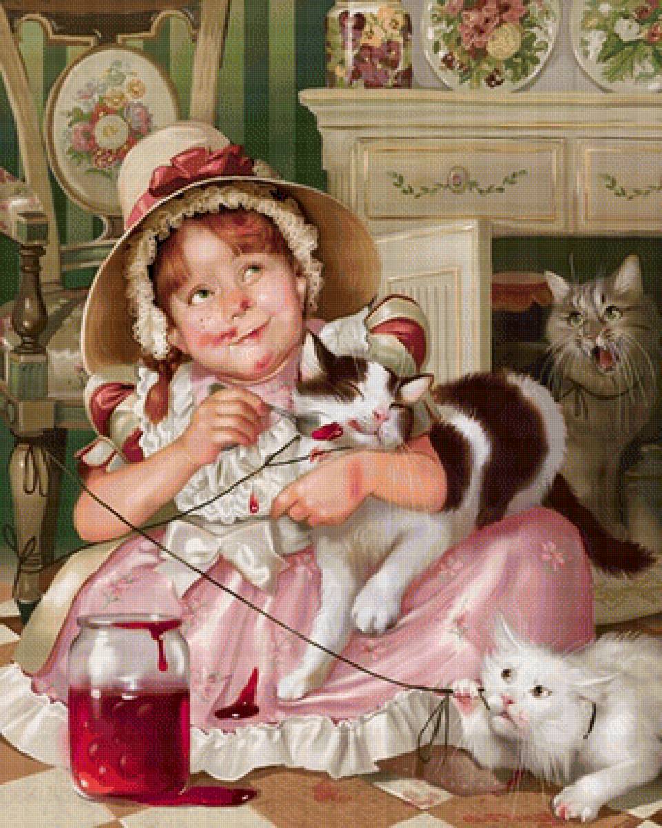 Сладкоежки - кошки, девочка, татьяна доронина, варенье - предпросмотр