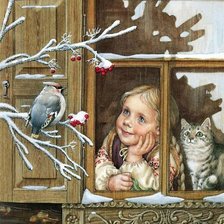 Схема вышивки «девочка у окна с котенком»