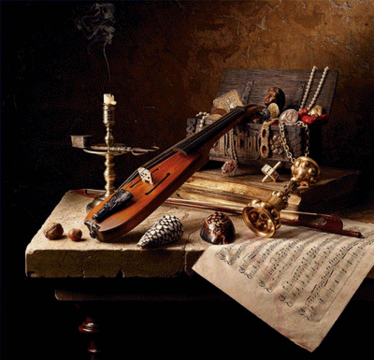 Необычный натюрморт - скрипка, свеча, ноты, натюрморт - предпросмотр