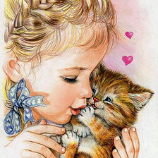Схема вышивки «Девочка и котенок»